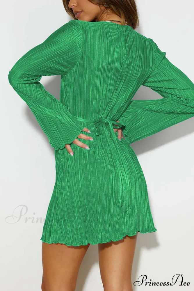 Pleated Flares Sleeve Mini Dress With Tie-Up
