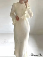 Pleated Ruffle Crew Neck Long Sleeve Casual Dress