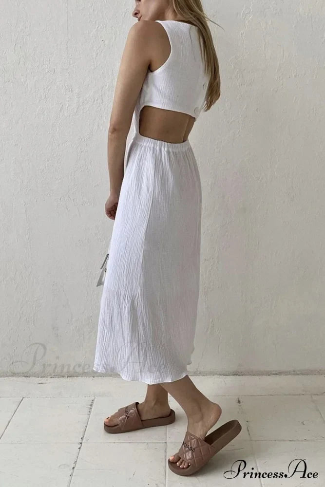 Pleated Tank Dress With Single-Breasted Closure And Bare Waist
