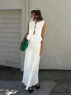 Pleated Tie Up Sleeveless Graceful Top And Midi Skirt Set