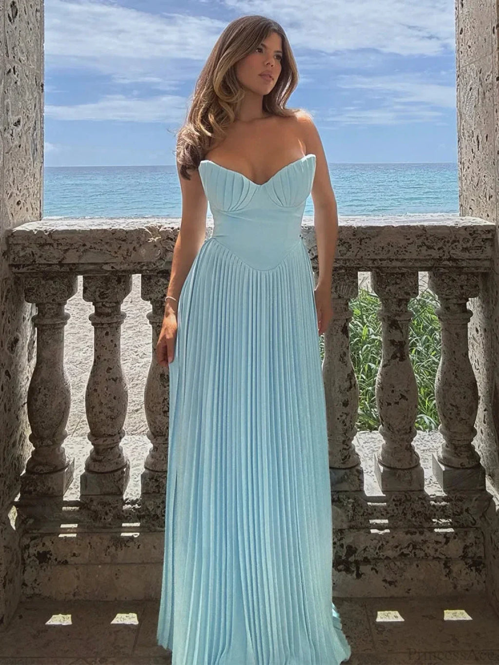 Pleated Waist Wrap A-Line Maxi Vacation Dress