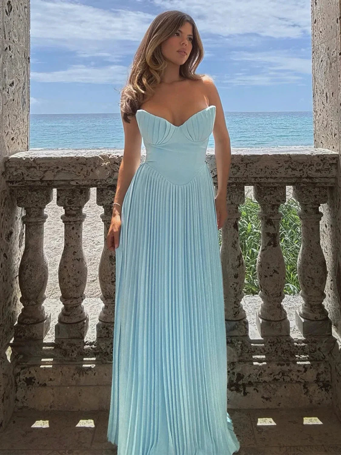 Pleated Waist Wrap A-Line Maxi Vacation Dress
