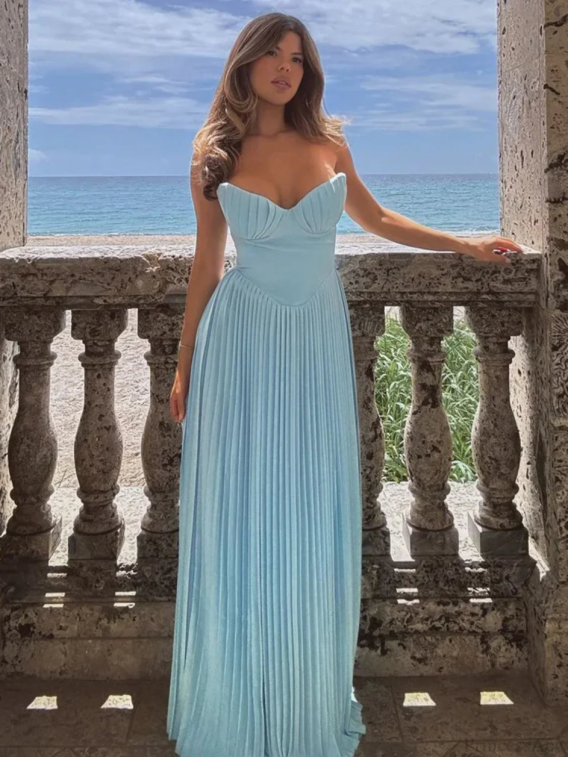 Pleated Waist Wrap A-Line Maxi Vacation Dress
