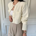 Pocket Cropped Solid O-Neck Knit Cardigan