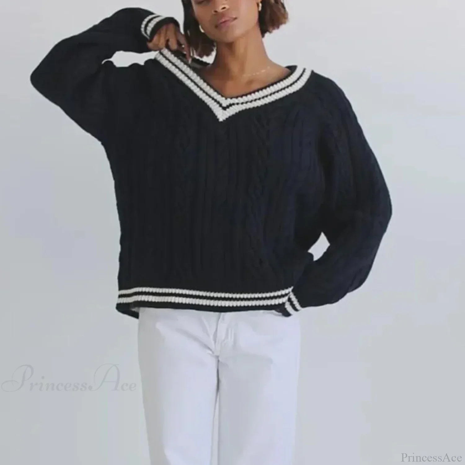Preppy Cable Knit Striped V-Neck Sweater