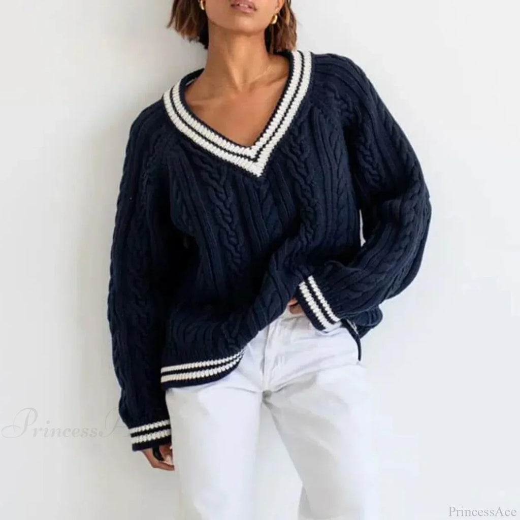 Preppy Cable Knit Striped V-Neck Sweater