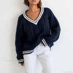 Preppy Cable Knit Striped V-Neck Sweater