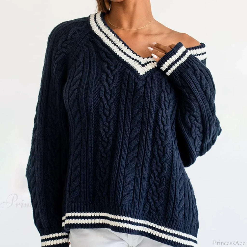 Preppy Cable Knit Striped V-Neck Sweater