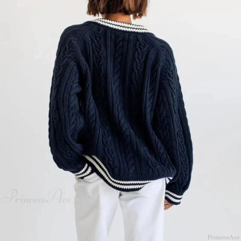 Preppy Cable Knit Striped V-Neck Sweater