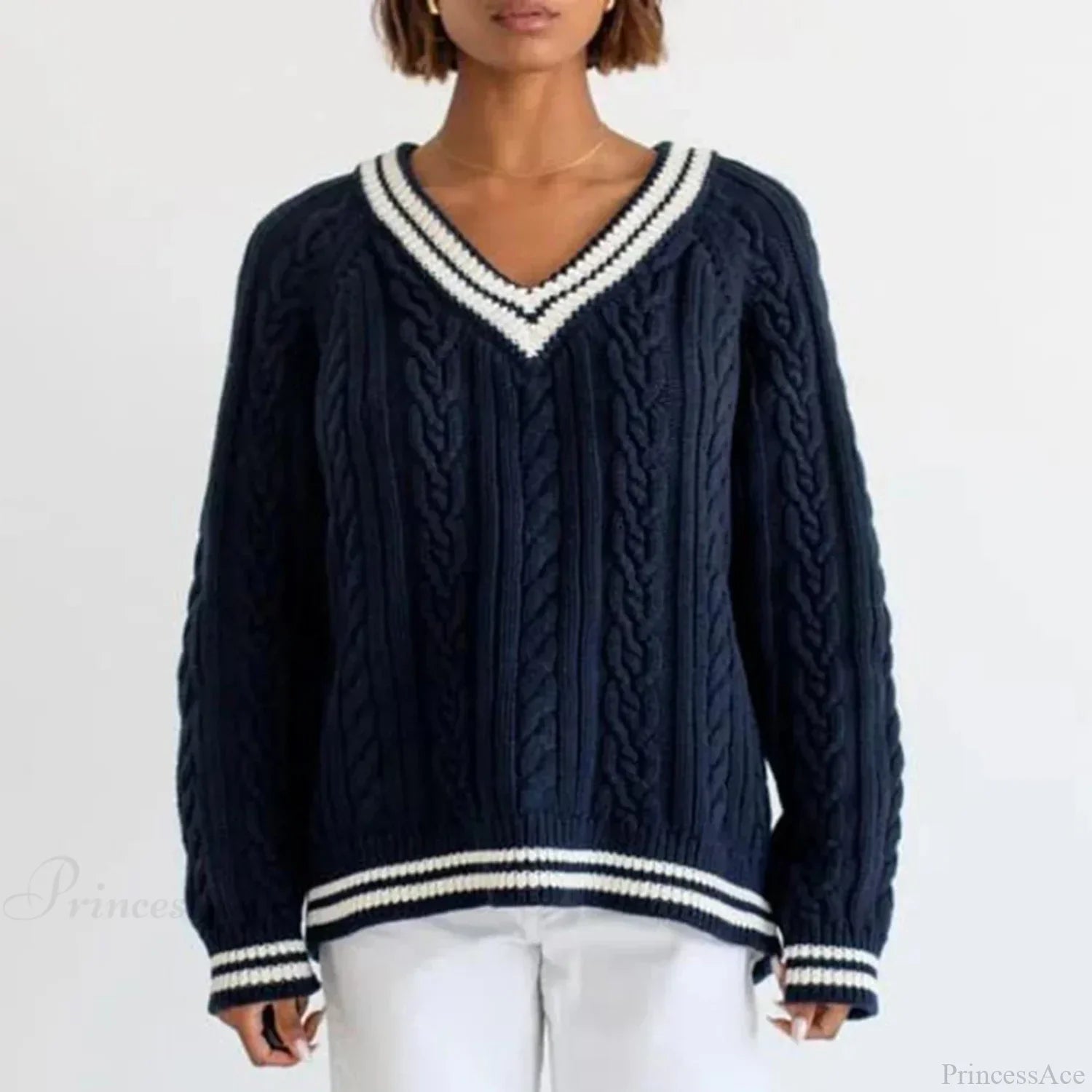 Preppy Cable Knit Striped V-Neck Sweater