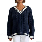 Preppy Cable Knit Striped V-Neck Sweater