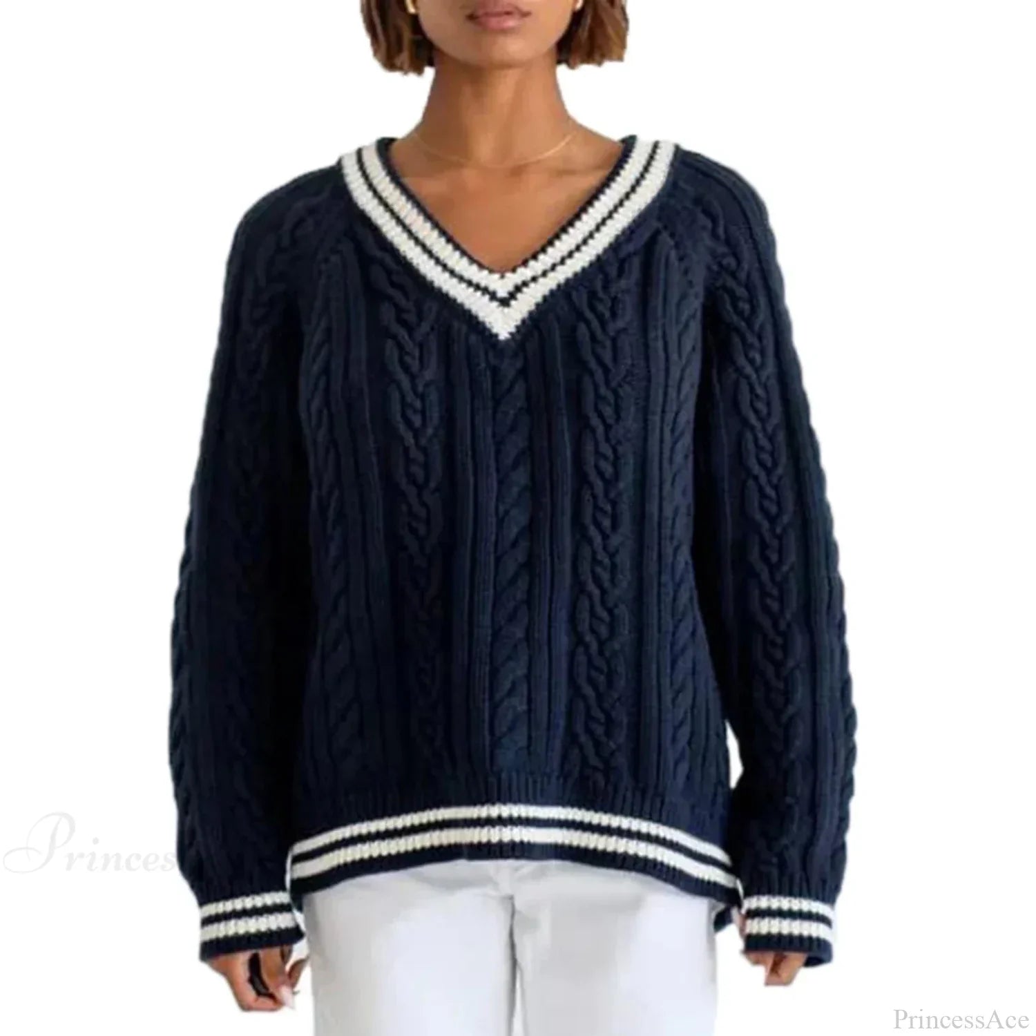 Preppy Cable Knit Striped V-Neck Sweater
