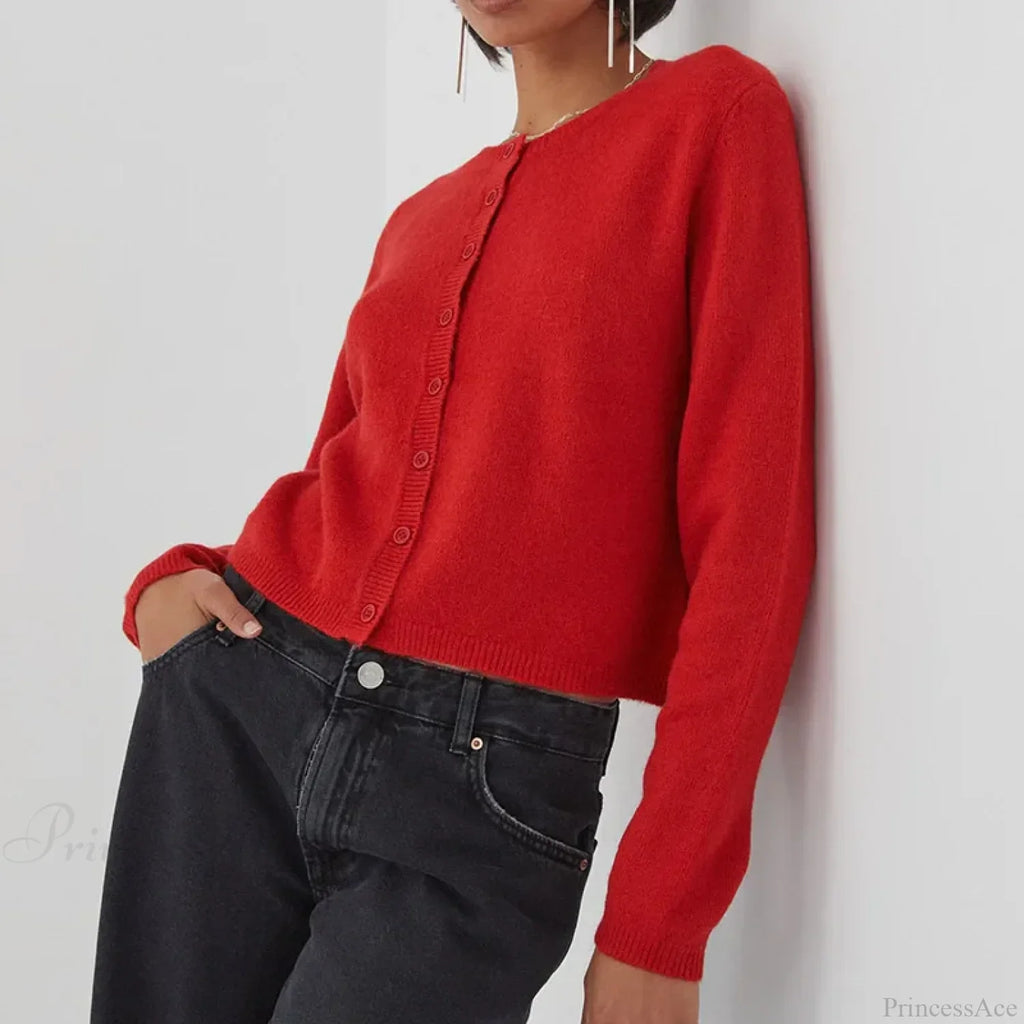 Preppy Crew Neck Button Up Front Cardigan