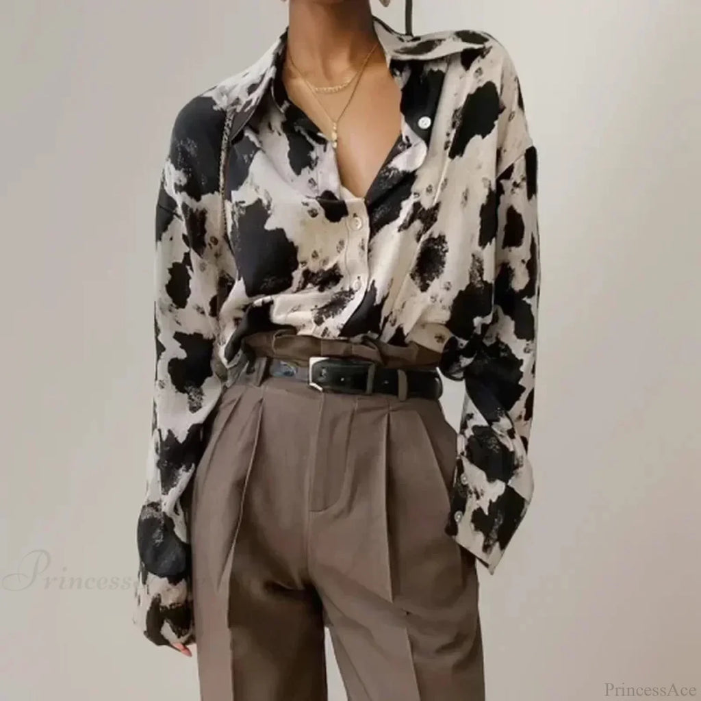Print Button-Up Casual Long Sleeve Blouse