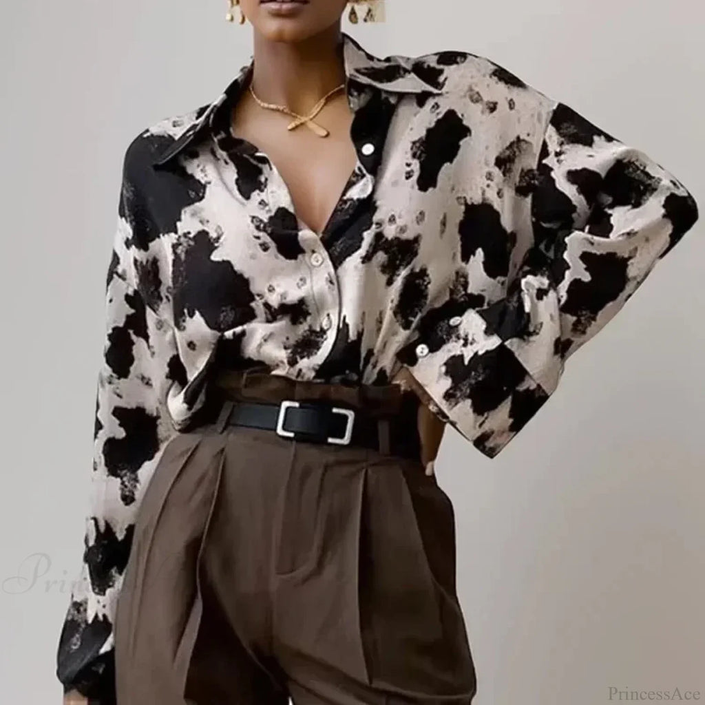 Print Button-Up Casual Long Sleeve Blouse