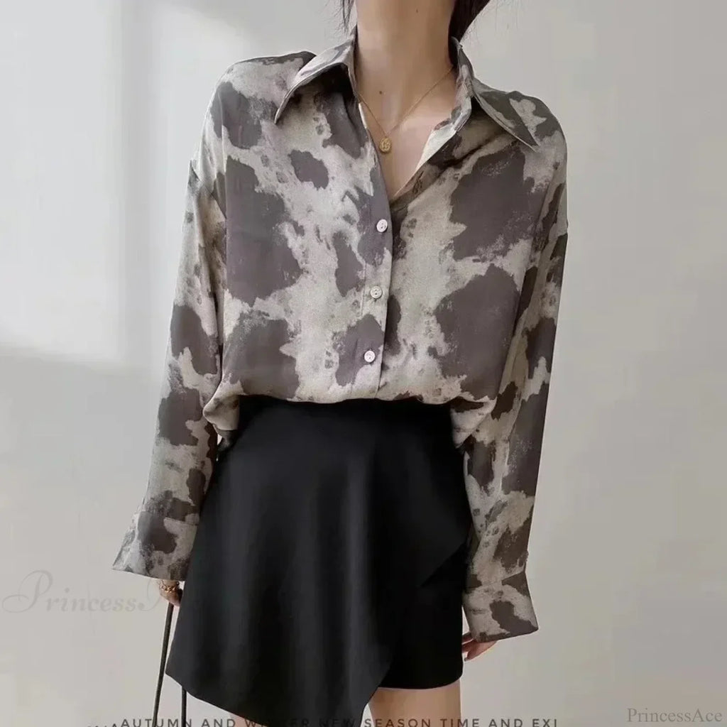 Print Button-Up Casual Long Sleeve Blouse