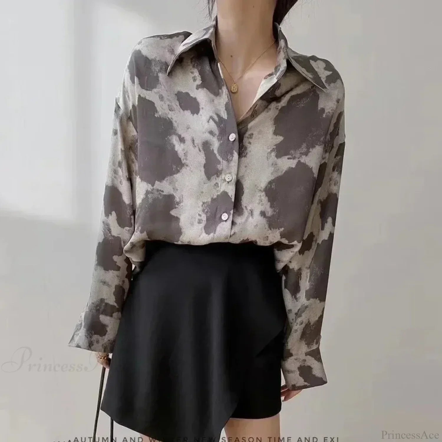 Print Button-Up Casual Long Sleeve Blouse