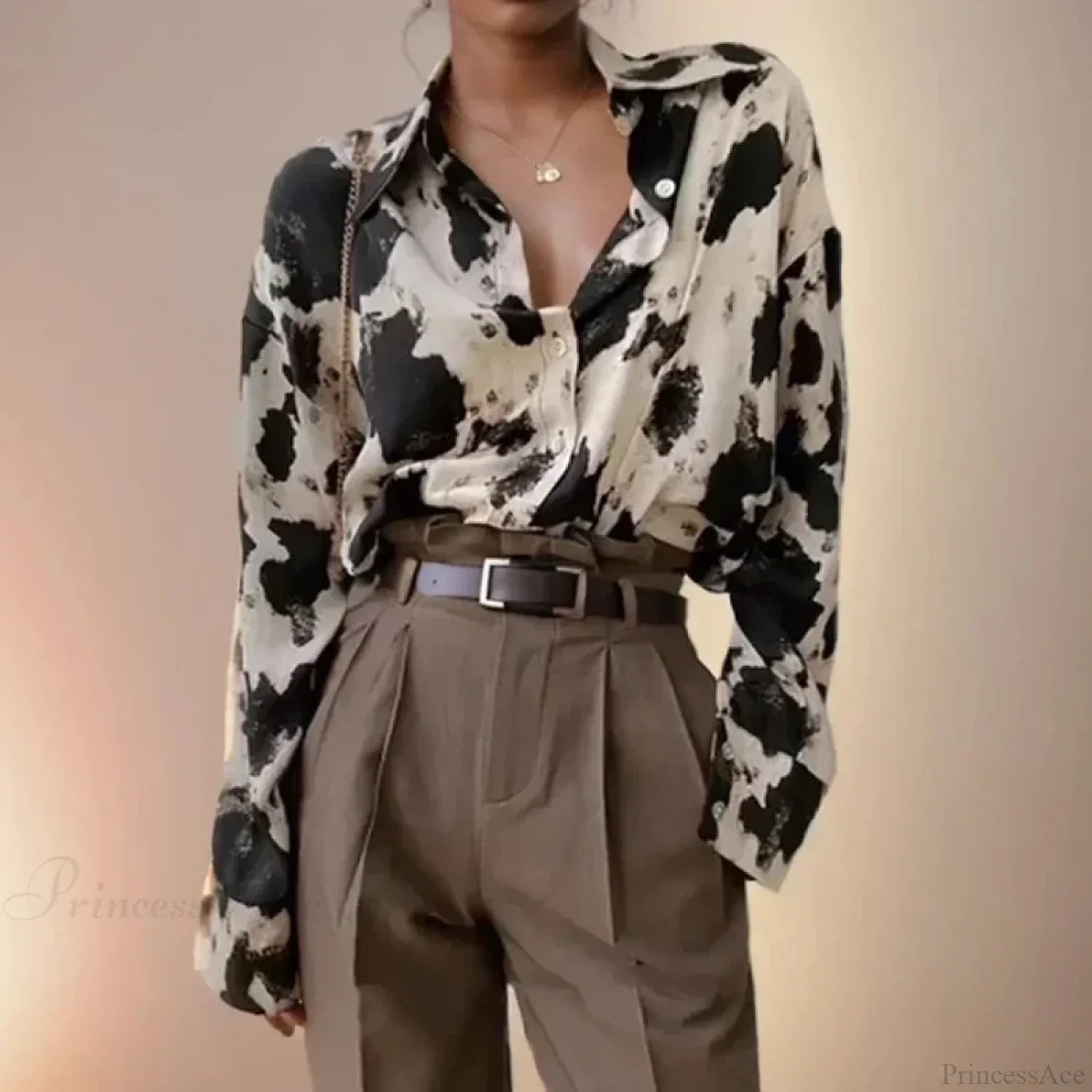 Print Button-Up Casual Long Sleeve Blouse