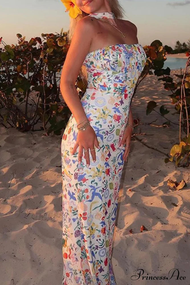 Print Halter Backless Dress In Multicolor