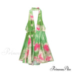 Print Halter Open Back Graceful Sleeveless V Neck Mini Dress