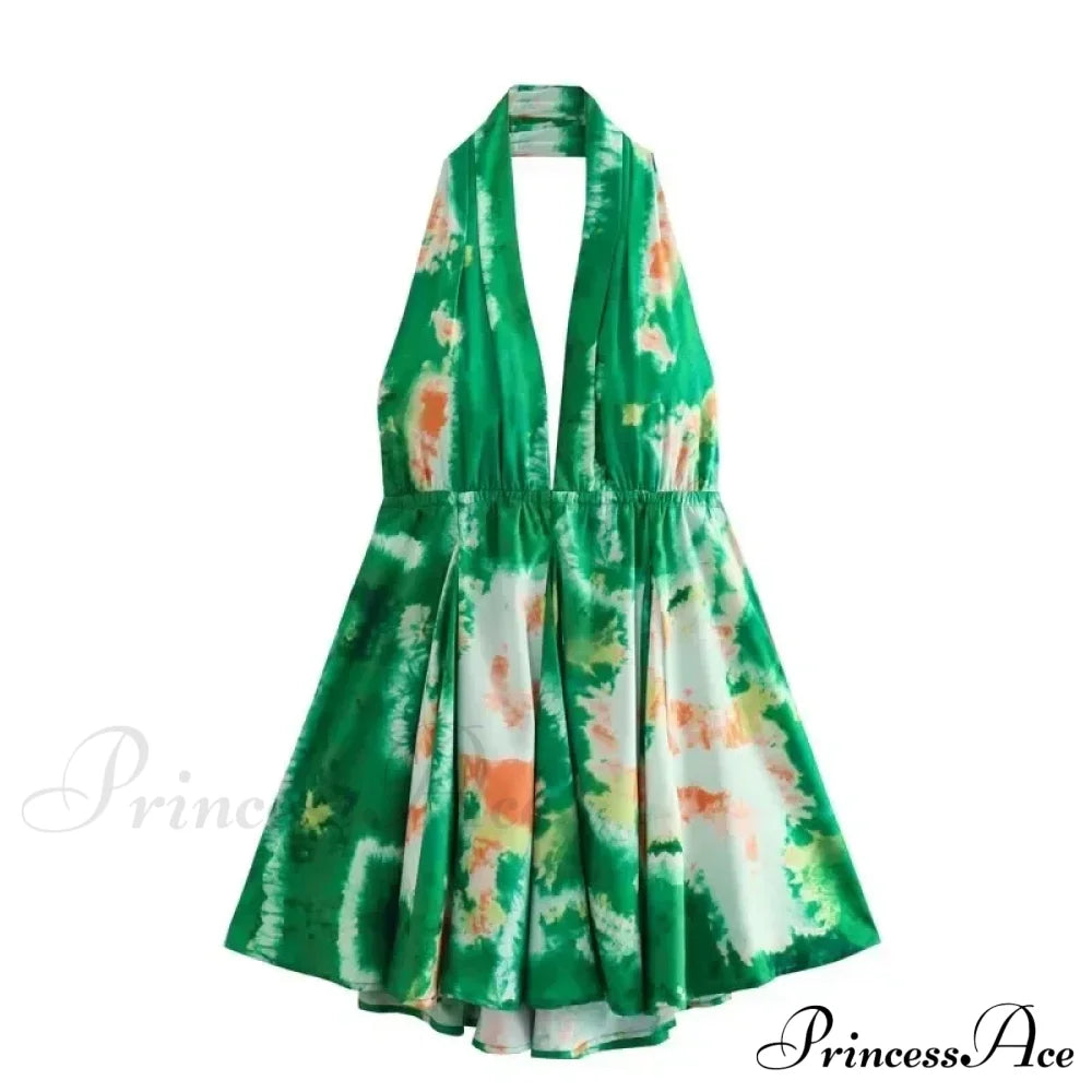Print Halter Open Back Graceful Sleeveless V Neck Mini Dress