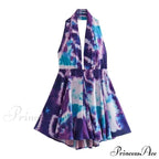 Print Halter Open Back Graceful Sleeveless V Neck Mini Dress