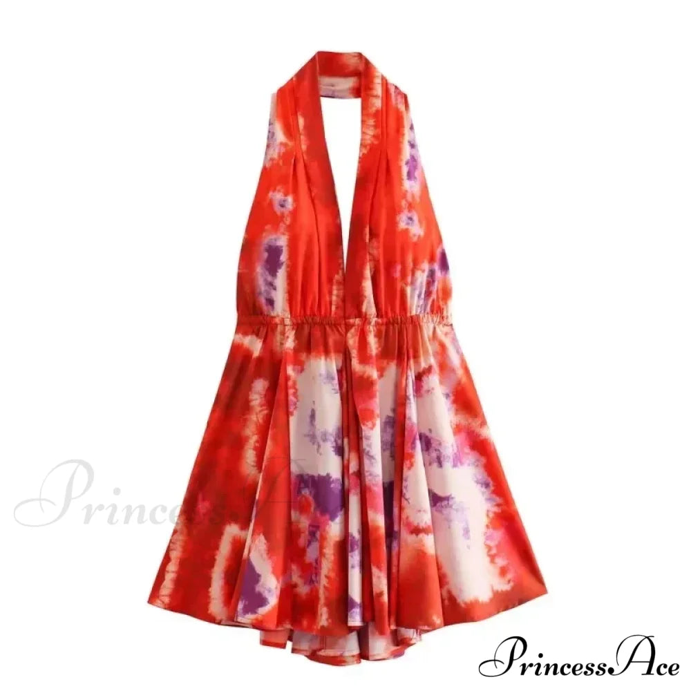 Print Halter Open Back Graceful Sleeveless V Neck Mini Dress