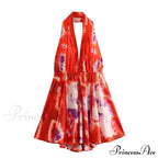 Print Halter Open Back Graceful Sleeveless V Neck Mini Dress