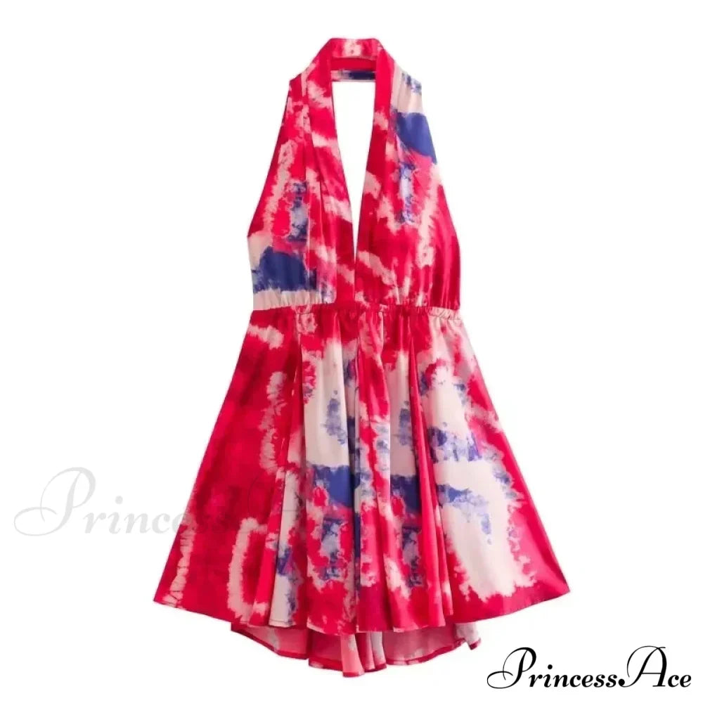 Print Halter Open Back Graceful Sleeveless V Neck Mini Dress