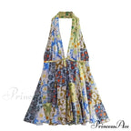 Print Halter Open Back Graceful Sleeveless V Neck Mini Dress