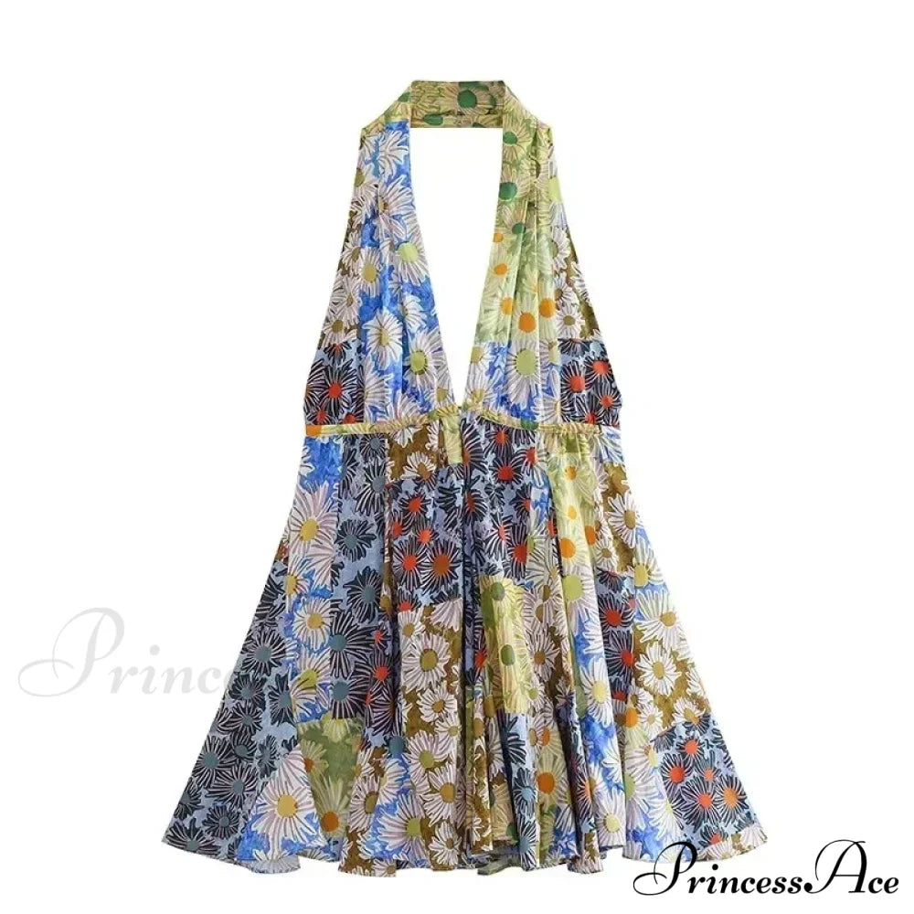 Print Halter Open Back Graceful Sleeveless V Neck Mini Dress
