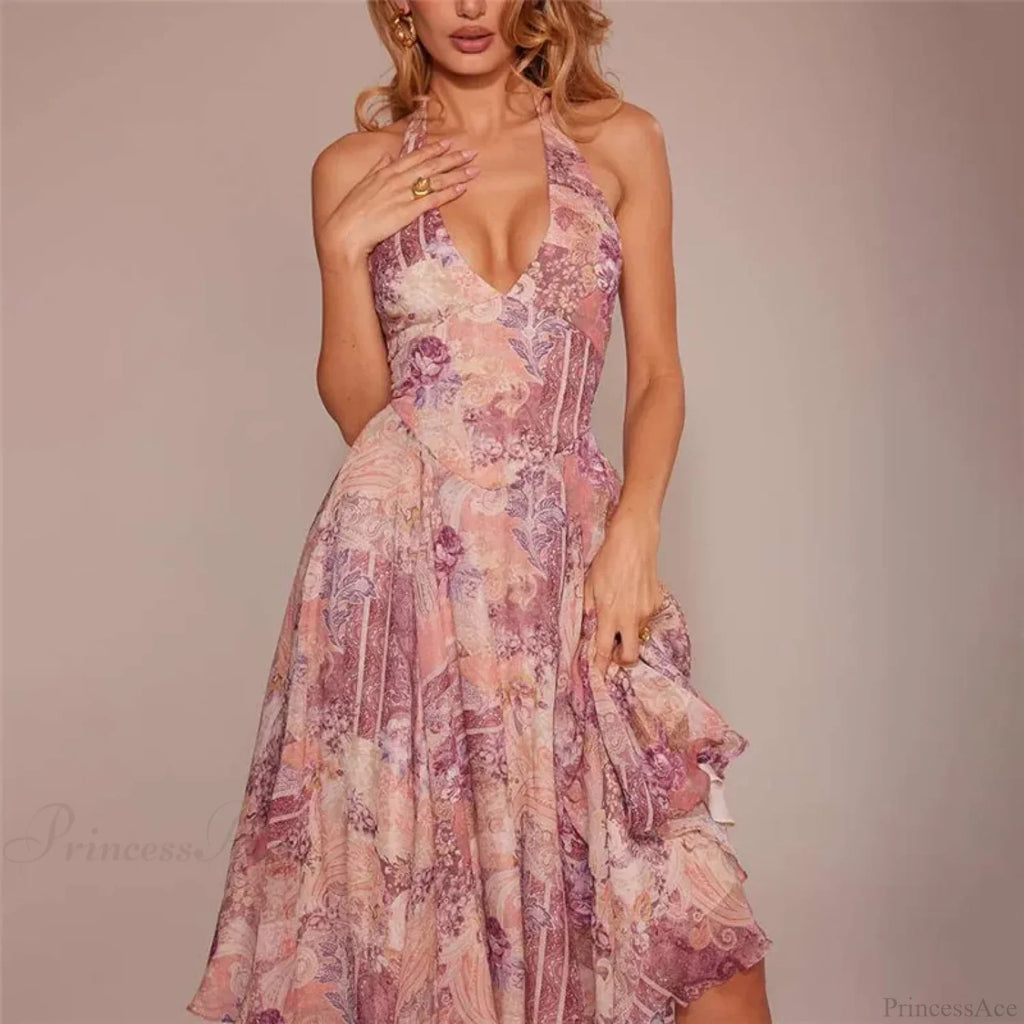 Print Pleated A-Line Vacation Dress