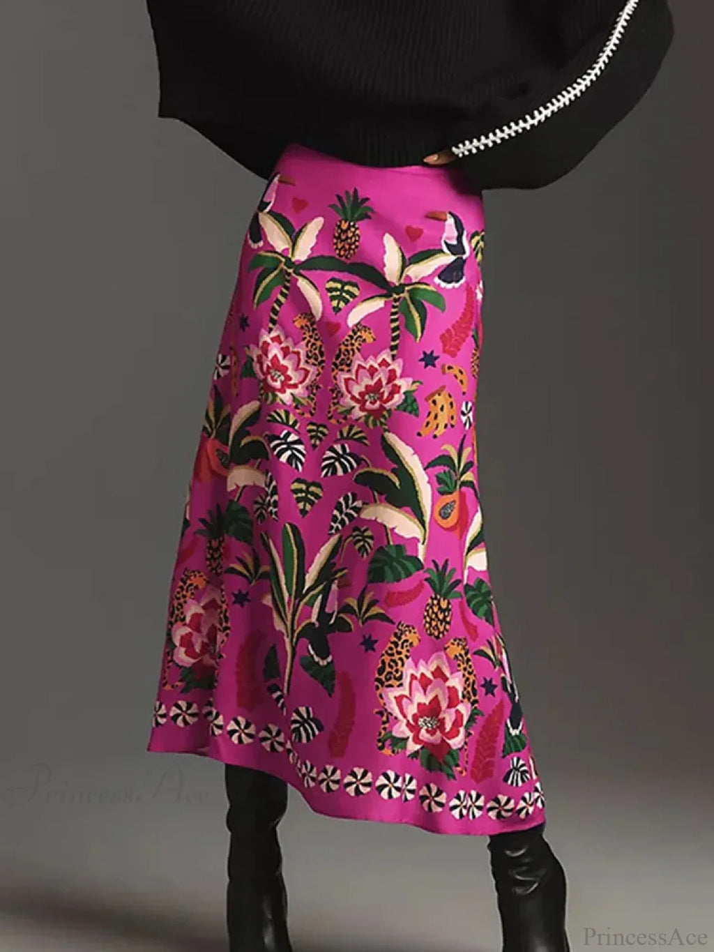 Printed A-Line Skirt Plants Flowers Zipper Spring Summer