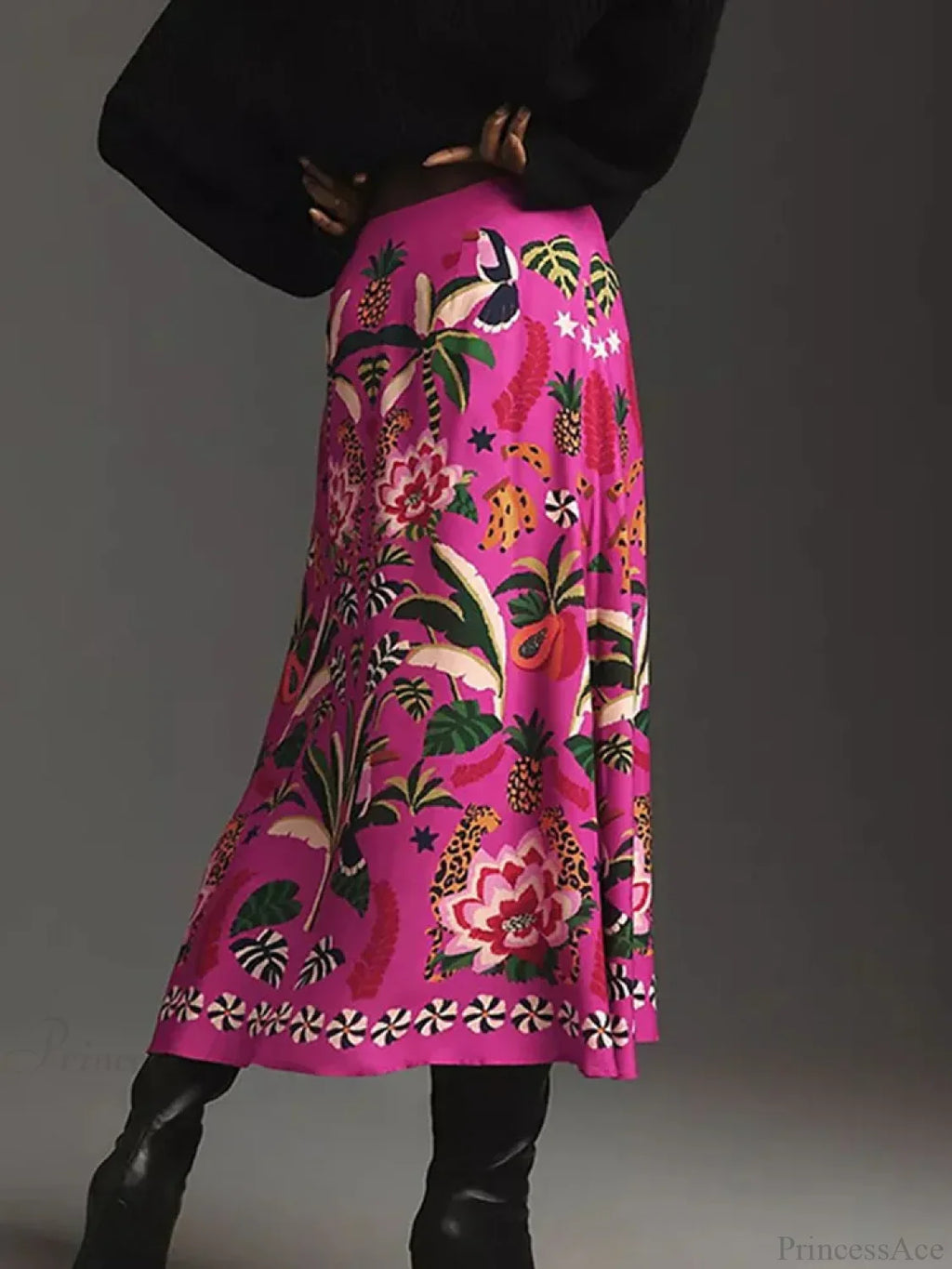 Printed A-Line Skirt Plants Flowers Zipper Spring Summer