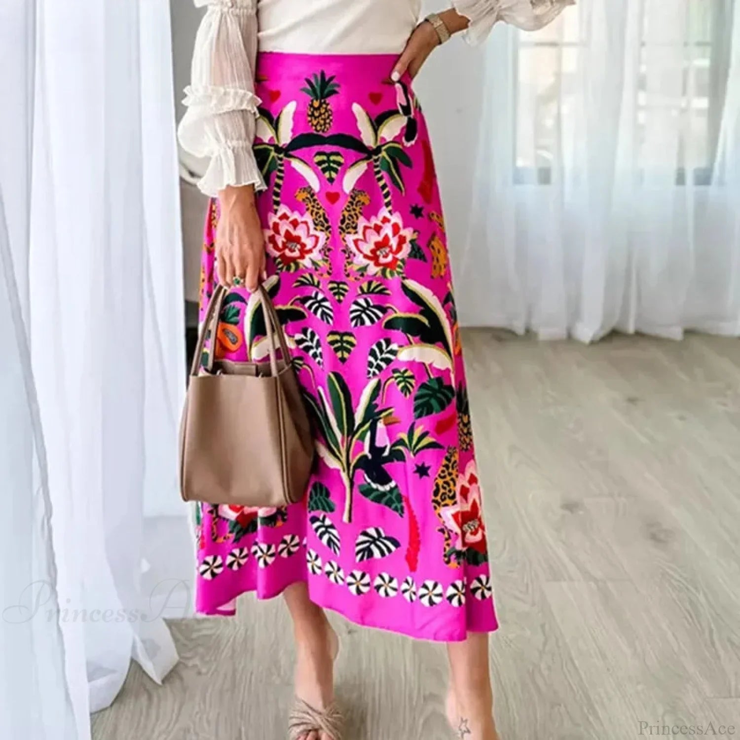 Printed A-Line Skirt Plants Flowers Zipper Spring Summer
