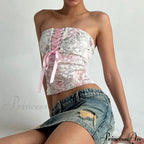 Printed Corset Pink Charming Ribbon Tie-Up Tube Top