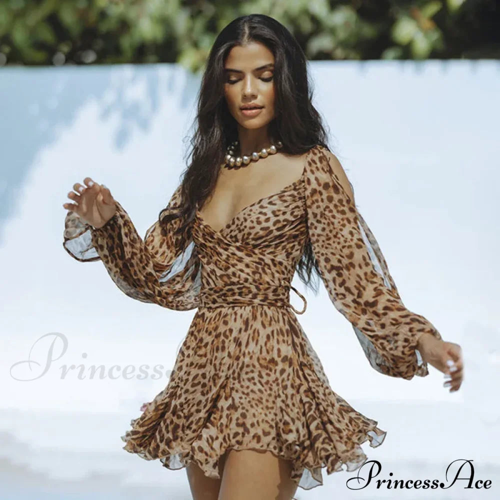 Printed Long Slit Charming Sleeve Mini Dress
