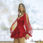 Printed Long Slit Charming Sleeve Mini Dress