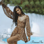 Printed Long Slit Charming Sleeve Mini Dress