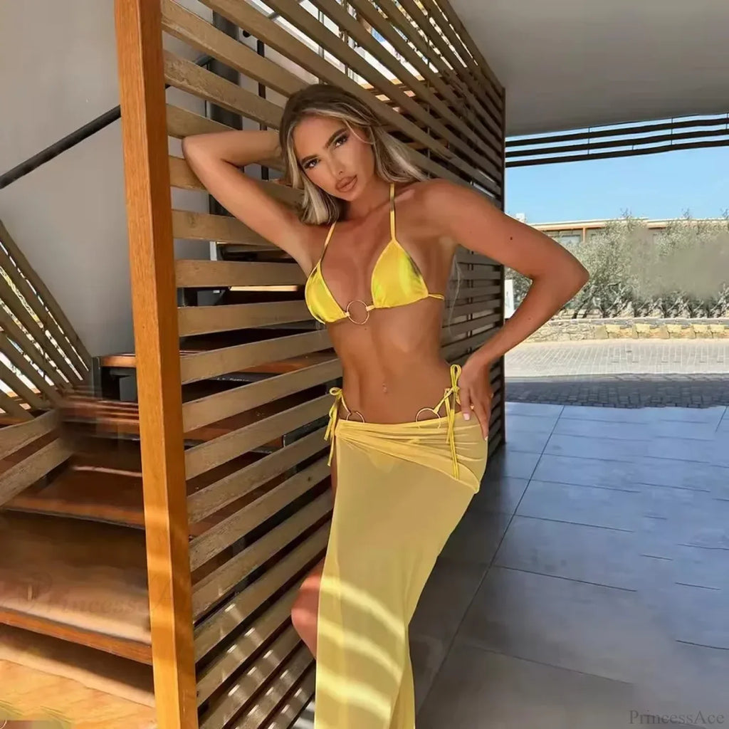Printed Micro Bikini With Long Skirt Three Piece Swimsuit