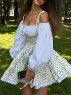 Printed Off-Shoulder Lantern Charming Sleeve Flare Mini Dress