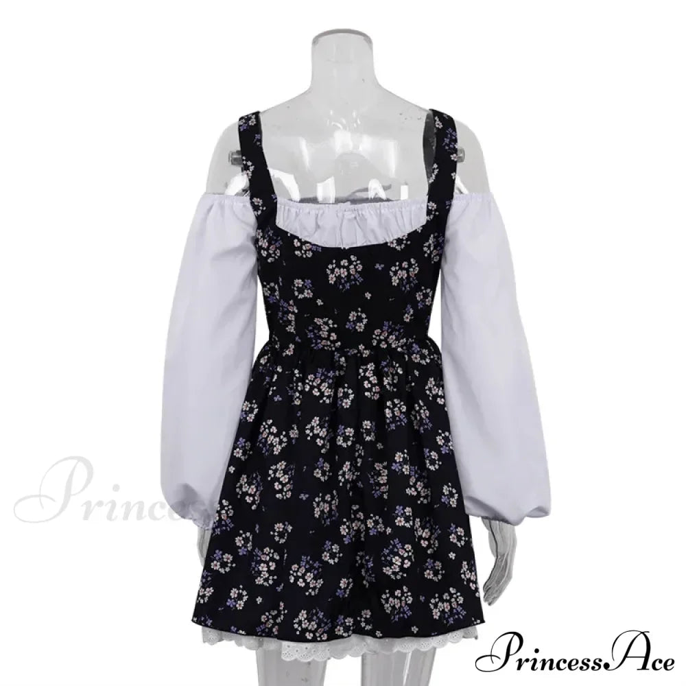 Printed Off-Shoulder Lantern Charming Sleeve Flare Mini Dress