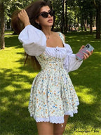 Printed Off-Shoulder Lantern Charming Sleeve Flare Mini Dress
