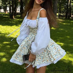 Printed Off-Shoulder Lantern Charming Sleeve Flare Mini Dress