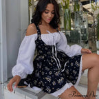 Printed Off-Shoulder Lantern Charming Sleeve Flare Mini Dress