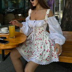 Printed Off-Shoulder Lantern Charming Sleeve Flare Mini Dress