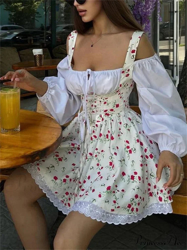 Printed Off-Shoulder Lantern Charming Sleeve Flare Mini Dress
