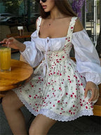 Printed Off-Shoulder Lantern Charming Sleeve Flare Mini Dress