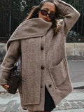 Printed Scarf Collar Woolen Coat