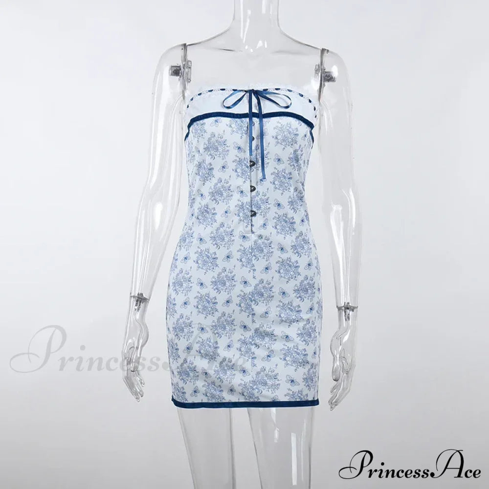 Printed Vacation Off-Shoulder Blue Metal Button Spring Elegant Outside Mini Floral Dress